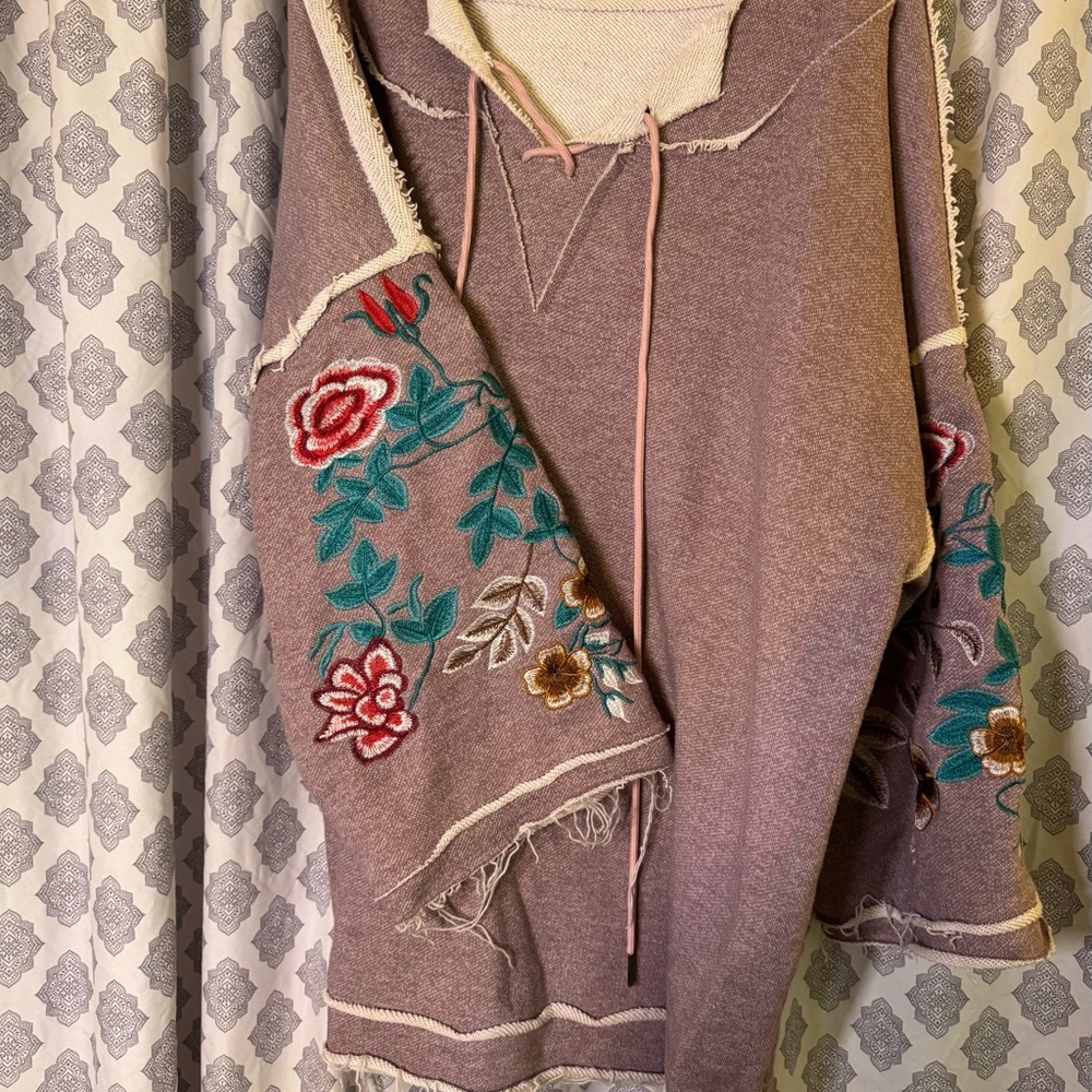Embroidered Mauve Pullover Hoodie with Floral Sleeves